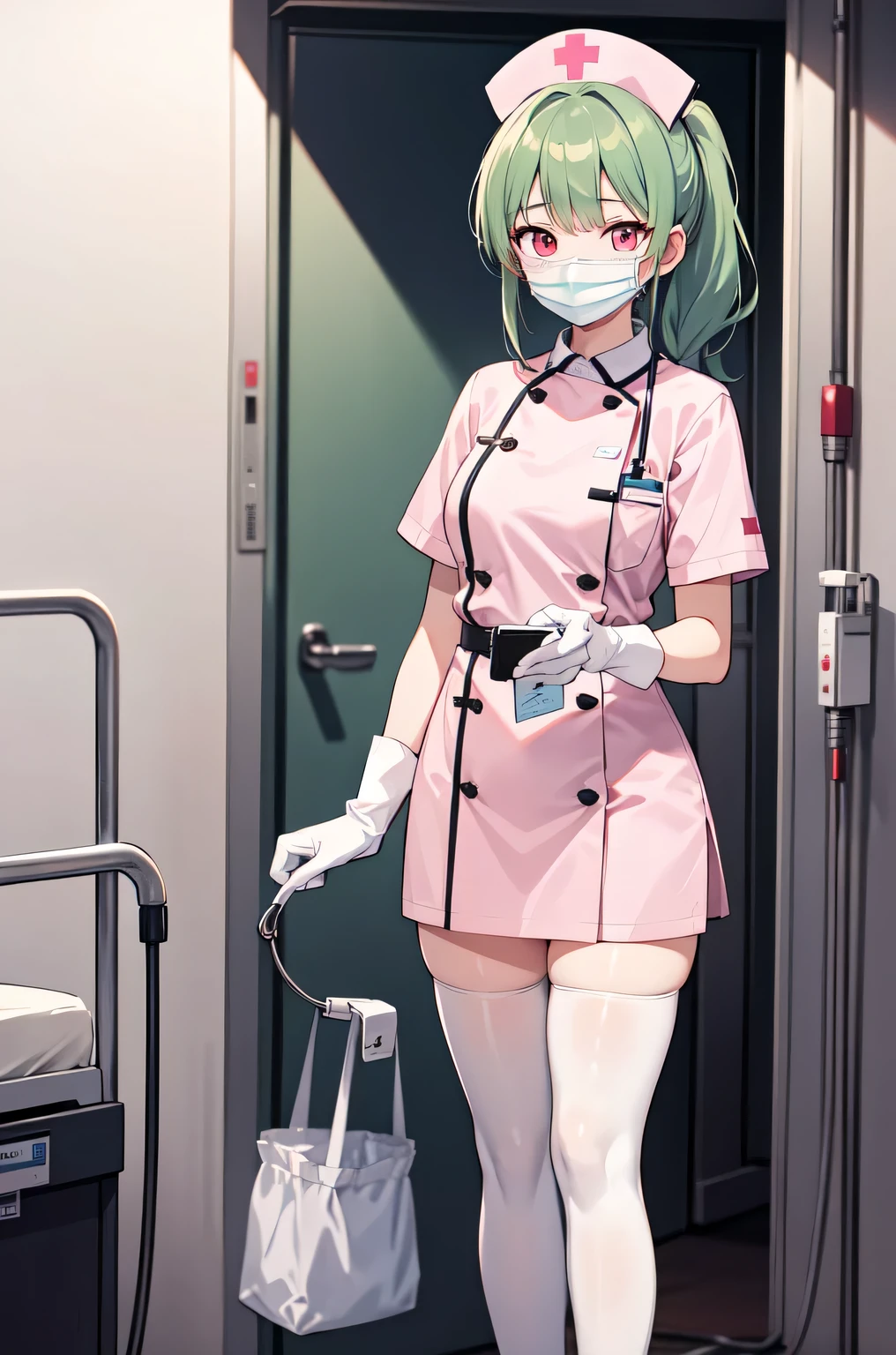 1girl, solo, nurse, nurse cap, white nurse uniform, ((white legwear, zettai ryouiki)), white gloves, ponytail, green hair, pink eyes, ((white surgical mask, covered nose)), standing, ((hospital room)), sharp outline, short sleeves, best quality, masterpiece