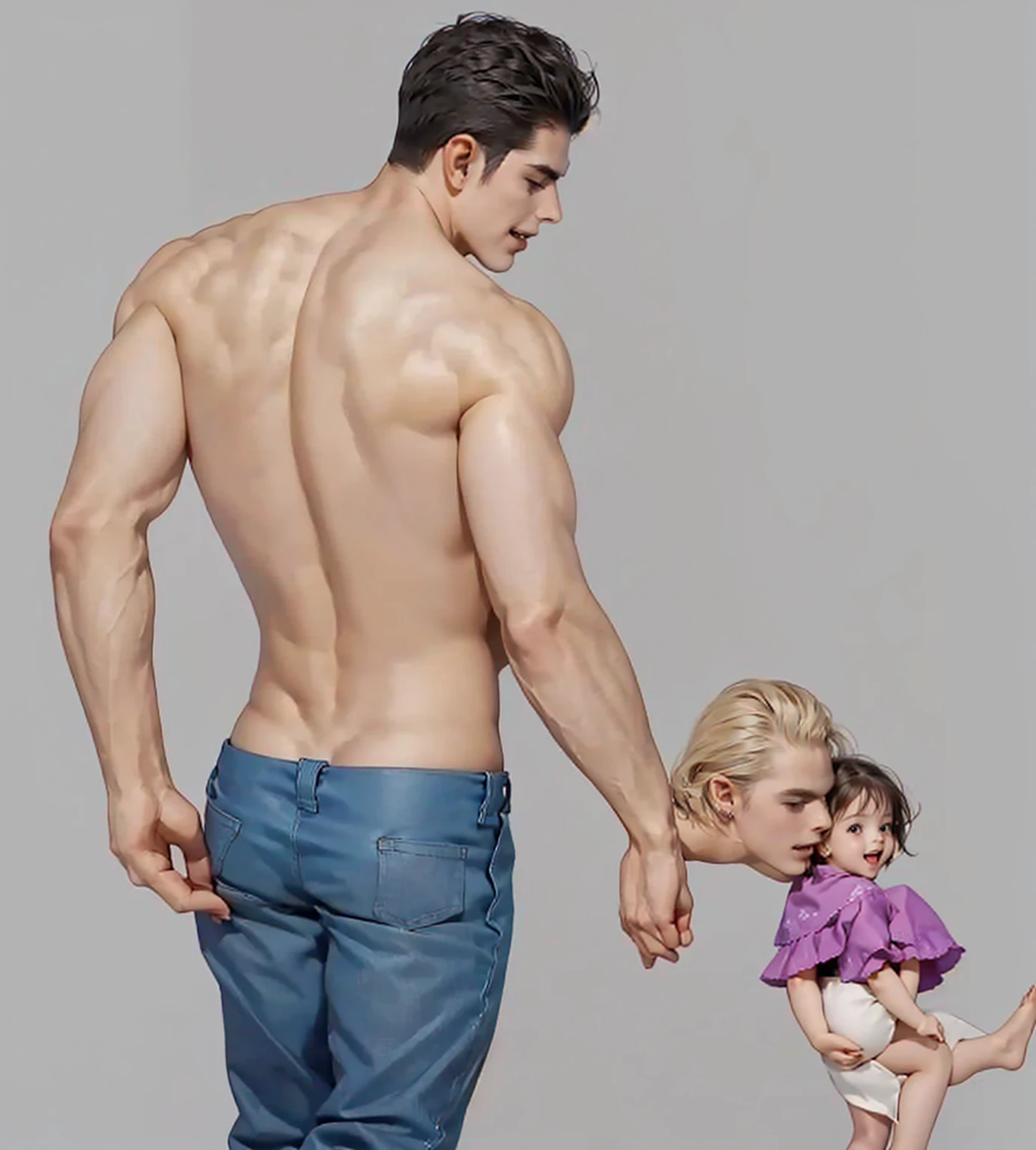 (1 man and 1 girl),handsome,fuse,the littleis very short,Blue Pants,standing in the room,smiling,looking at each other,tall figure,wide angle,romance,kiss,sexual relationship,open mouth,tattoo,masterpiece,Wood Floor,Table,Computer,Furniture,