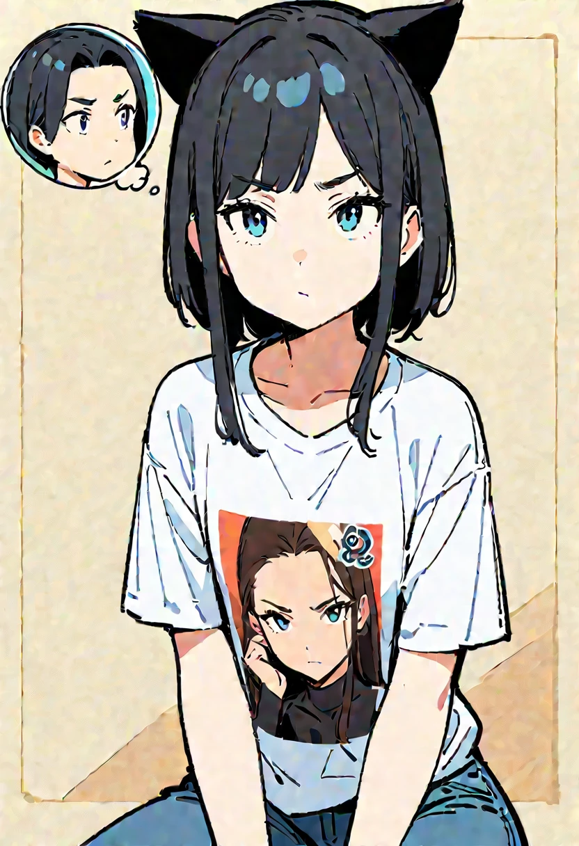 (Thick painting style),Thick line drawing, ((masterpiece,)),(((Highest quality))),(sketch),((Adult women in their 20s)),Short black hair,Black cat ears,T-Shirts,jeans,(((Thinking face,Character Portrait,Full Art))),flat chest