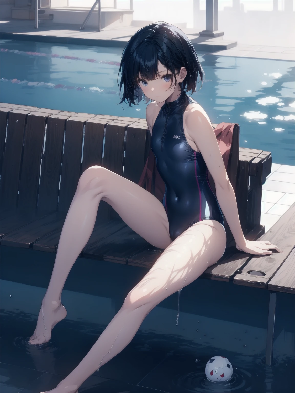 ultra-Top-quality by art God, ultra-detailed, high resolution, shinkai makoto style, anime moe artstyle, best anime 8k konachan wallpaper, pixiv contest winner, perfect anatomy, break,(Please draw a picture of a girl in a swimsuit sitting sleepily on a bench by the poolside alone.),break, a hyperrealistic school girl, (Solo,ta, kid, 13-year-old:1.3),Full limbs, complete fingers, androgynous charm, (very short hair), wet hair, small breasts,slender body, Small butt, groin, Small black eyes,hanme,beautiful detailed eyes, well-proportioned iris and pupils, sleepy eyes, highres detailed hair, swimsuit, wet swimsuit, bare shoulders, thighs, in the school pool. break,super detailed skin, shiny skin, Best lighting powered by famous artist, 8k, illustration,UHD, textured skin,break,((artist:saiguchi_otoufu )), artist:clamp ,artist:carnelian ,artist:kantoku ,