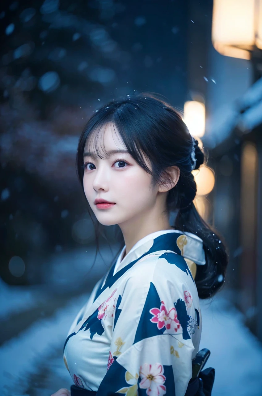 (Kimono)、(top-quality,masterpiece:1.3,超A high resolution,),(ultra-detailliert,Caustics),(Photorealsitic:1.4,RAW shooting,)Ultra-realistic capture,A highly detailed,high-definition16Kfor human skin、 Skin texture is natural、、The skin looks healthy with an even tone、 Use natural light and color,One Woman,japanes,,kawaii,A dark-haired,Middle hair,(depth of fields、chromatic abberation、、Wide range of lighting、Natural Shading、)、(Exterior light at night:1.4)、(Falling snow:1.3)、(Hair swaying in the wind:1.2)、(Light reflecting snow:1.0)