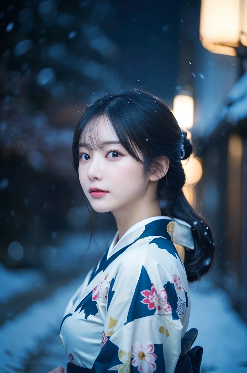(Kimono)、(top-quality,masterpiece:1.3,超A high resolution,),(ultra-detailliert,Caustics),(Photorealsitic:1.4,RAW shooting,)Ultra-realistic capture,A highly detailed,high-definition16Kfor human skin、 Skin texture is natural、、The skin looks healthy with an even tone、 Use natural light and color,One Woman,japanes,,kawaii,A dark-haired,Middle hair,(depth of fields、chromatic abberation、、Wide range of lighting、Natural Shading、)、(Exterior light at night:1.4)、(Falling snow:1.3)、(Hair swaying in the wind:1.2)、(Light reflecting snow:1.0)