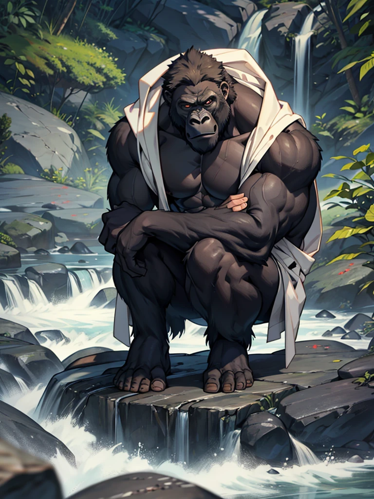 Gorilla with body covered in rocks、wilderness
