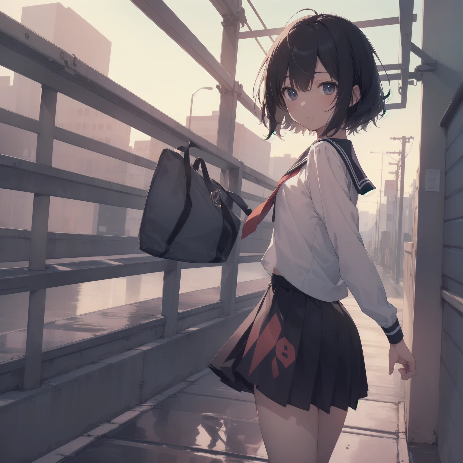 ultra-absurdres-Top quality by artist God, ultra-detailed, high resolution, anime moe artstyle, best anime 8k konachan wallpaper, pixiv contest winner, pool:2810, perfect anatomy,break, 1girl, (Please draw a girl walking sleepily to school alone. )break,(Solo,little female, 13-year-old:1.3),Full limbs, complete fingers,a junior high school student, (very short hair), short cut, flat chest, , small butt, small black eyes, beautiful detailed eyes, well-proportioned iris and pupils, expressive eyes, highres detailed hair, soft expression, salor school_uniform, sailor collar, serahuku, bow, pleated skirt,(Detailed Lighting), (Detailed background), in the School commute route. break,super detailed skin, Best cinematic lighting powered by famous artist, 8k,beauty illustration,photoshop_(medium),very aesthetic,break,((artist:sumiyao_(amam) )), artist:clamp ,artist:carnelian ,artist:kantoku ,
