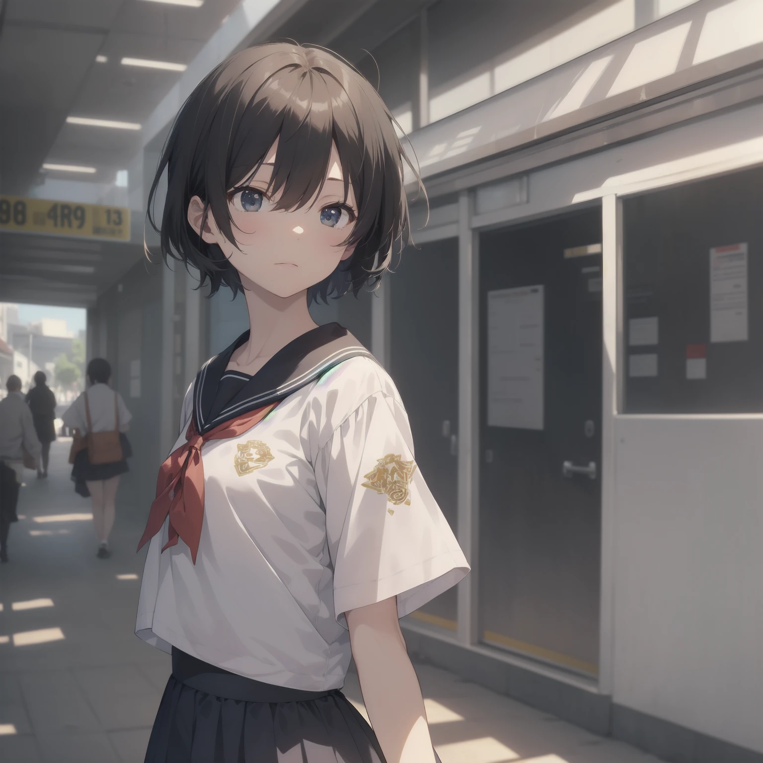 ultra-absurdres-Top quality by artist God, ultra-detailed, high resolution, anime moe artstyle, best anime 8k konachan wallpaper, pixiv contest winner, pool:2810, perfect anatomy,break, 1girl, (Please draw a girl walking sleepily to school alone. )break,(Solo,little female, 13-year-old:1.3),Full limbs, complete fingers,a junior high school student, (very short hair), short cut, flat chest, , small butt, small black eyes, beautiful detailed eyes, well-proportioned iris and pupils, expressive eyes, highres detailed hair, soft expression, salor school_uniform, sailor collar, serahuku, bow, pleated skirt,(Detailed Lighting), (Detailed background), in the School commute route. break,super detailed skin, Best cinematic lighting powered by famous artist, 8k,beauty illustration,photoshop_(medium),very aesthetic,break,((artist:sumiyao_(amam) )), artist:clamp ,artist:carnelian ,artist:kantoku ,