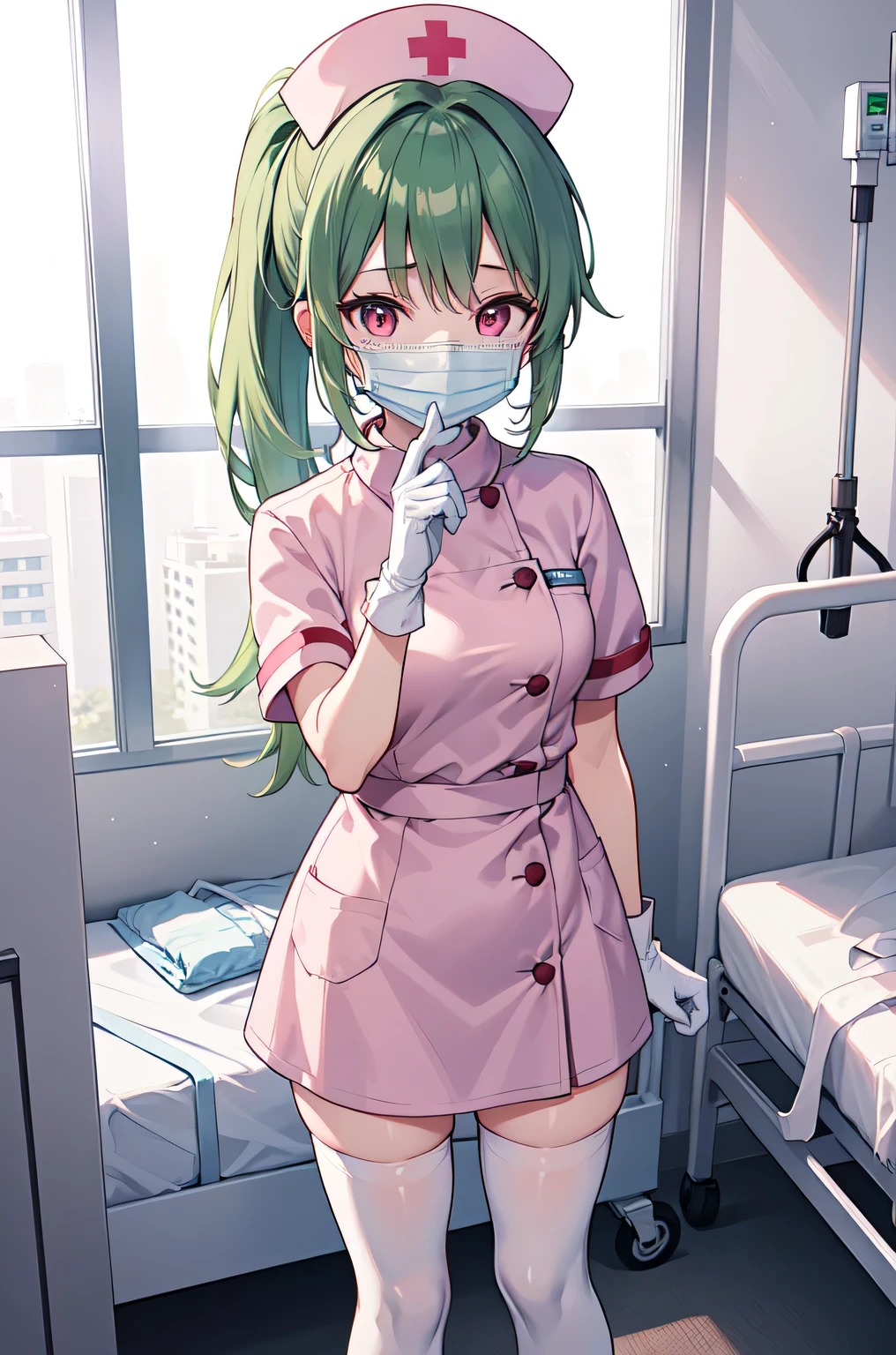 1girl, solo, nurse, nurse cap, white nurse uniform, ((white legwear, zettai ryouiki)), white gloves, ponytail, green hair, pink eyes, ((white surgical mask, covered nose)), standing, ((hospital room)), sharp outline, short sleeves, best quality, masterpiece