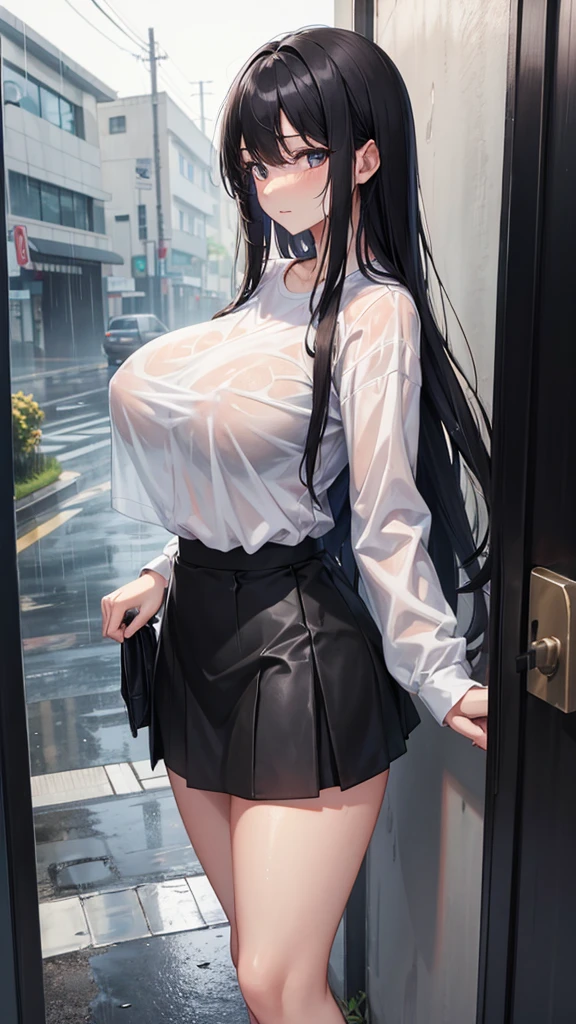 One woman,whole body,Big Breasts,Black Hair,Long Hair,A shirt that was wet from the rain and showed her underwear,Black tight skirt,entrance,Standing outside with the door open,whole bodyずぶ濡れ,Landscape with rain