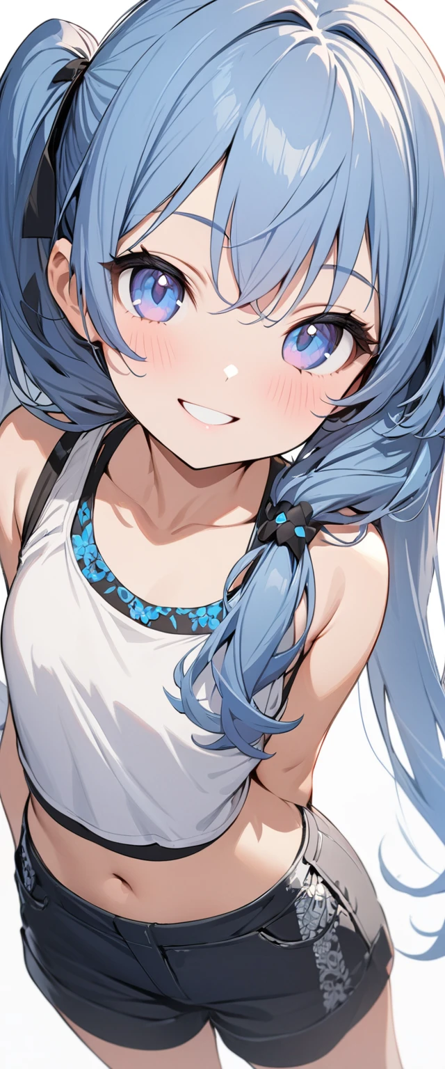 whole body, (female): 1girl, (solo), (perfect face), (detailed outfit), (), beautiful female, smile (happy), blue hair, long hair, twintails hair, blue eyes, (tank top,), (white background), (masterpiece:1.4), (best quality), (ultra-detailed)