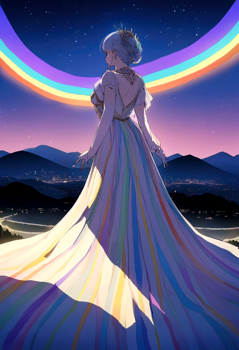 Chill, landscape, performer, On the Mountain. Girl looking at the sky. night, The Shining.16K, Ultra-high resolution, Ultra-high resolution, born,Fantastic ,future、Shining in rainbow colors、The world 30 years from now。