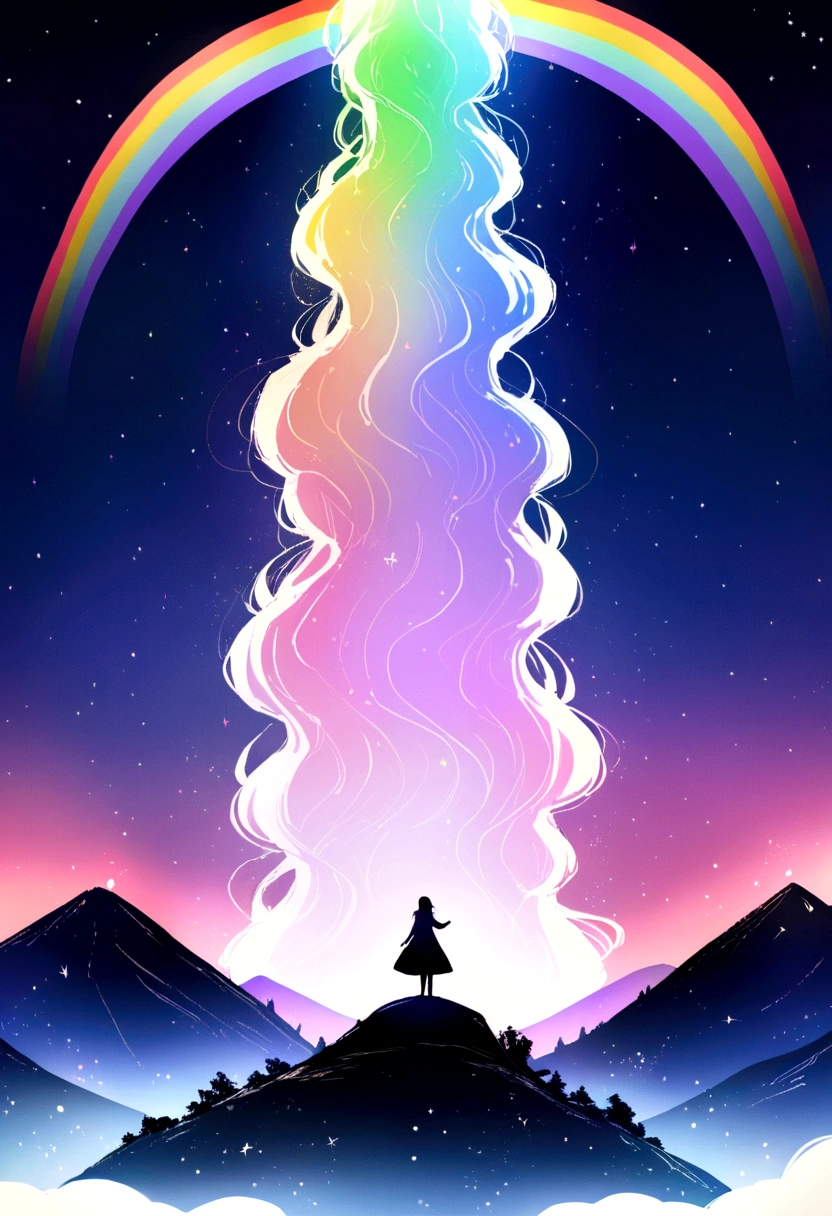 Chill, landscape, performer, On the Mountain. Girl looking at the sky. night, The Shining.16K, Ultra-high resolution, Ultra-high resolution, born,Fantastic ,future、Shining in rainbow colors、The world 30 years from now。