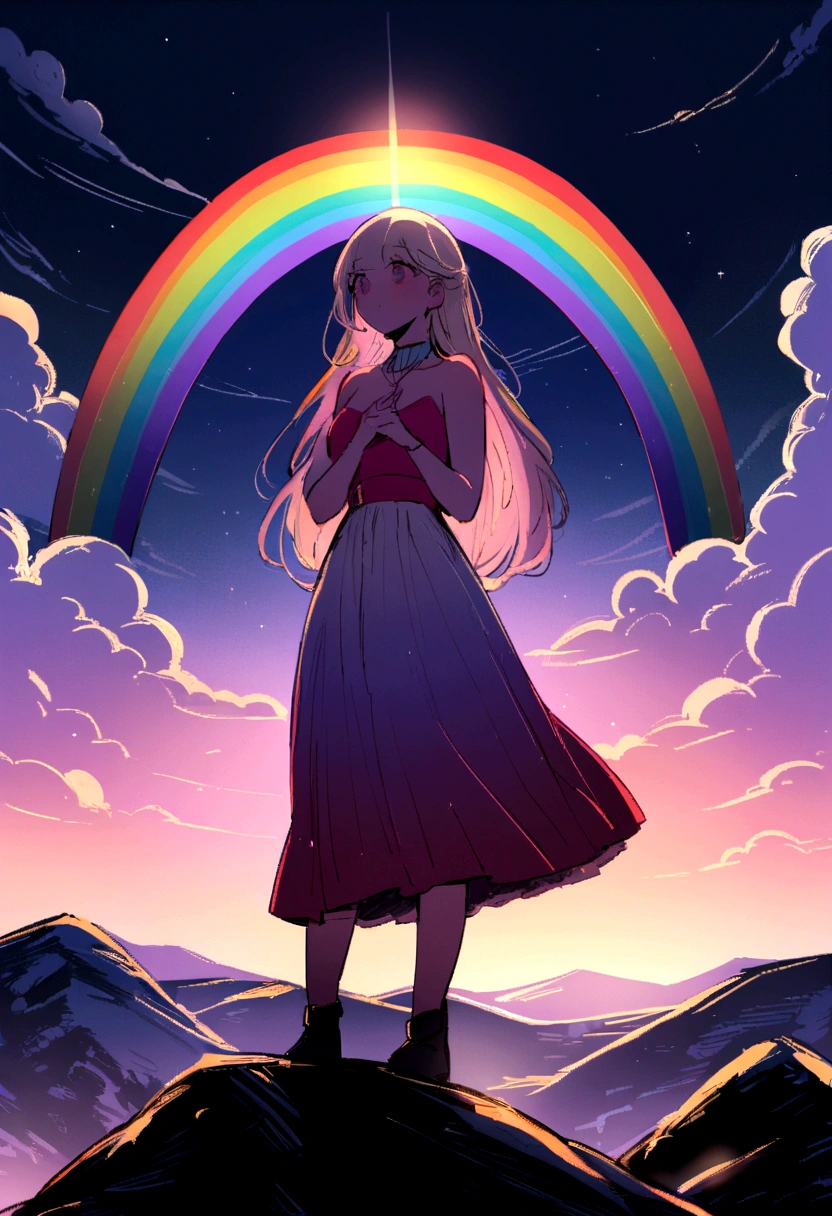 Chill, landscape, performer, On the Mountain. Girl looking at the sky. night, The Shining.16K, Ultra-high resolution, Ultra-high resolution, born,Fantastic ,future、Shining in rainbow colors、The world 30 years from now。