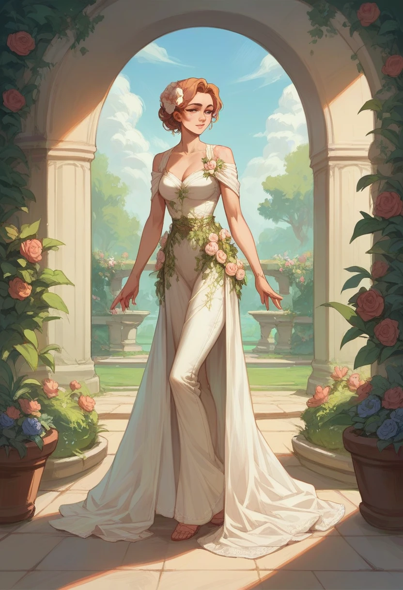 Beautiful girl standing in beautiful garden inspired clothing, her full body standing , high deffinition ,floral inspirated,flower inspirated clothing