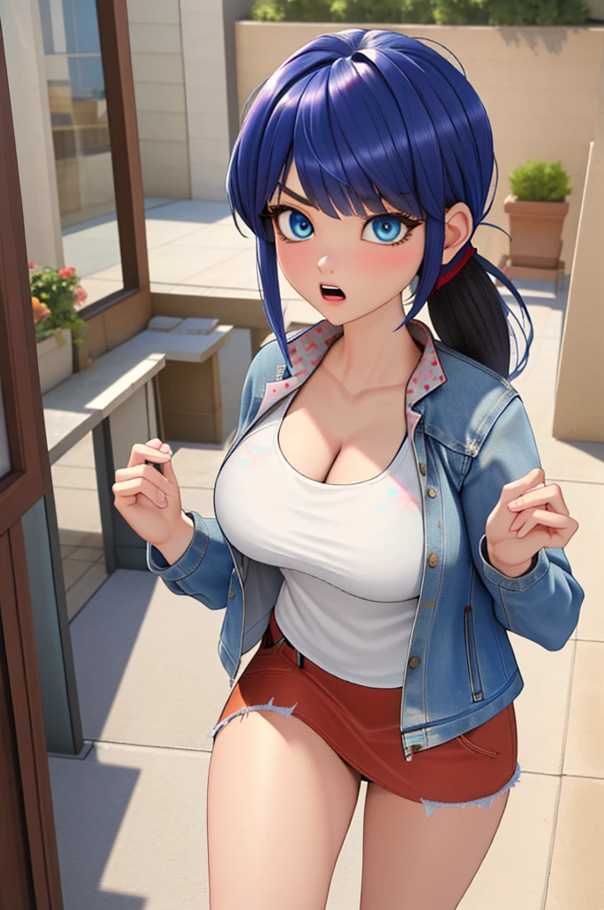 (8k, RAW photo, best quality, masterpiece:1.2), (intricate details), perfect eyes, perfect face, perfect lighting, beautiful, (masterpiece:1.2), (best quality:1.2), 1girl, solo, marinette, blue hair, (( hair in ponytail, bangs over one eye )), adult torso, 19 years old, angry, huge sized breasts, (tank top, denim jacket, red skirt), cowboy shot, 3DMM, standing, front view, 