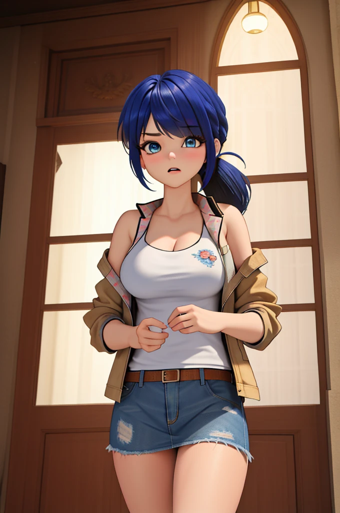 (8k, RAW photo, best quality, masterpiece:1.2), (intricate details), perfect eyes, perfect face, perfect lighting, beautiful, (masterpiece:1.2), (best quality:1.2), 1girl, solo, marinette, blue hair, (( hair in ponytail, bangs over one eye )), adult torso, 19 years old, angry, huge sized breasts, (tank top, denim jacket, red skirt), cowboy shot, 3DMM, standing, front view, 