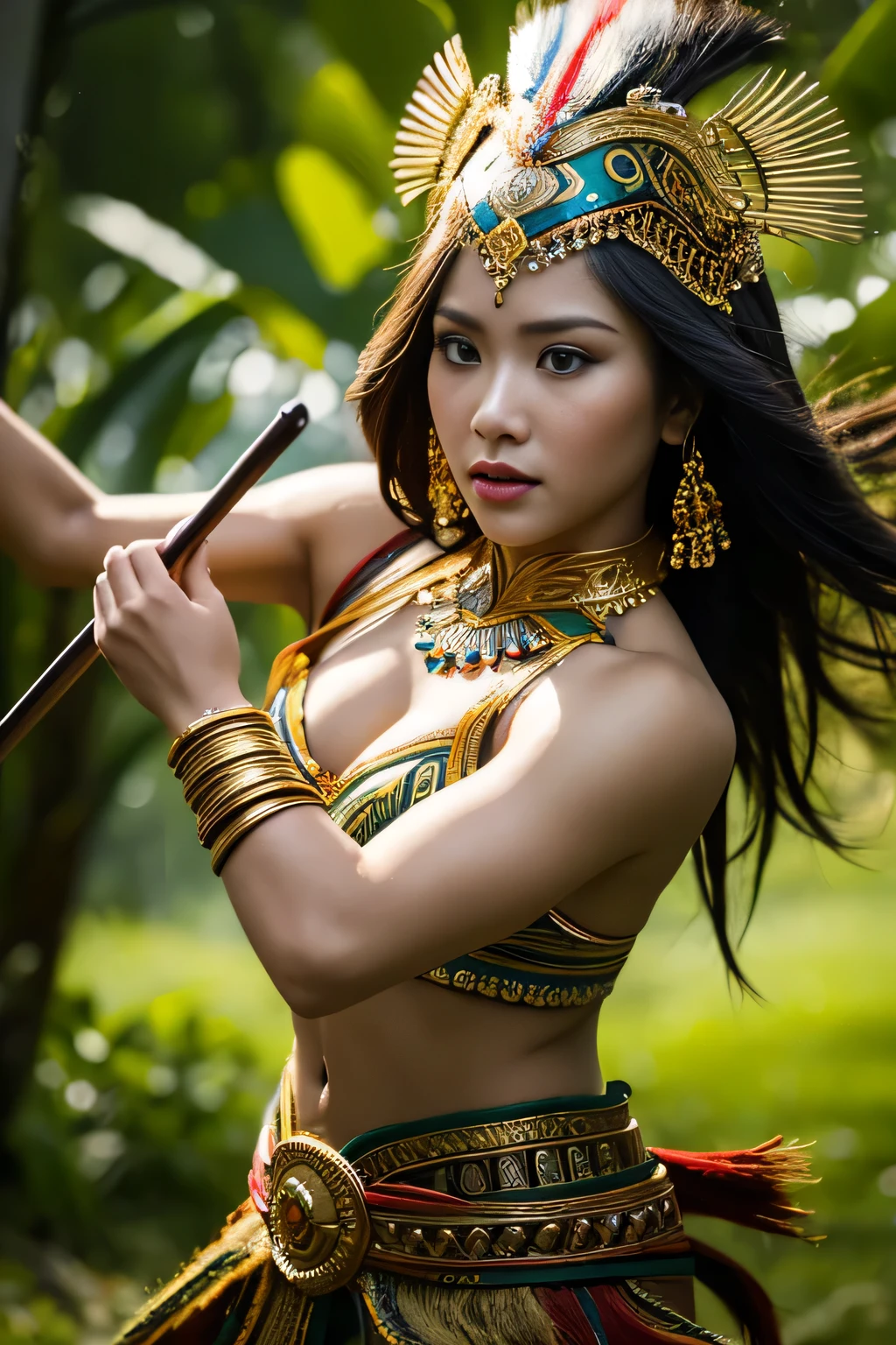 (best quality,4k,8k,highres,masterpiece:1.2),ultra-detailed,realistic,beautiful Indonesian woman warrior,expressive eyes,painted face,detailed warrior attire,intricate headdress,golden jewelry,dazzling sword,speaking power and strength,ancient traditions and culture,passionate and fearless fighter,commanding presence in the battlefield,mythical and mystical elements,rich colors of the Indonesian landscape,dramatic lighting,traditional Indonesian motifs,traditional weapons and armor,tribal markings on the body,graceful movements,warrior surrounded by lush tropical forest and exotic animals,embodying the spirit of the Indonesian warrior legends