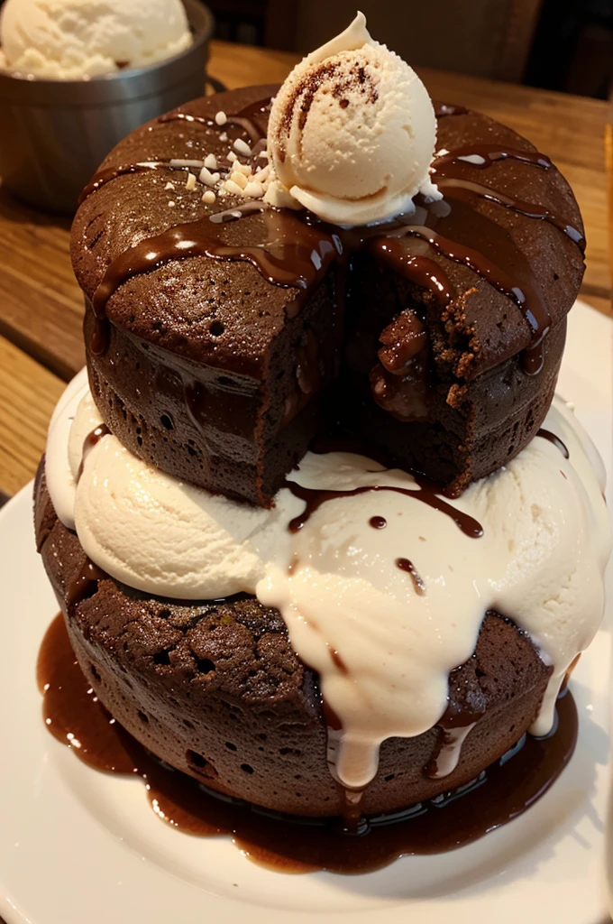 A cute and appetizing cartoon image of sweet lava cake accompanied by delicious ice cream