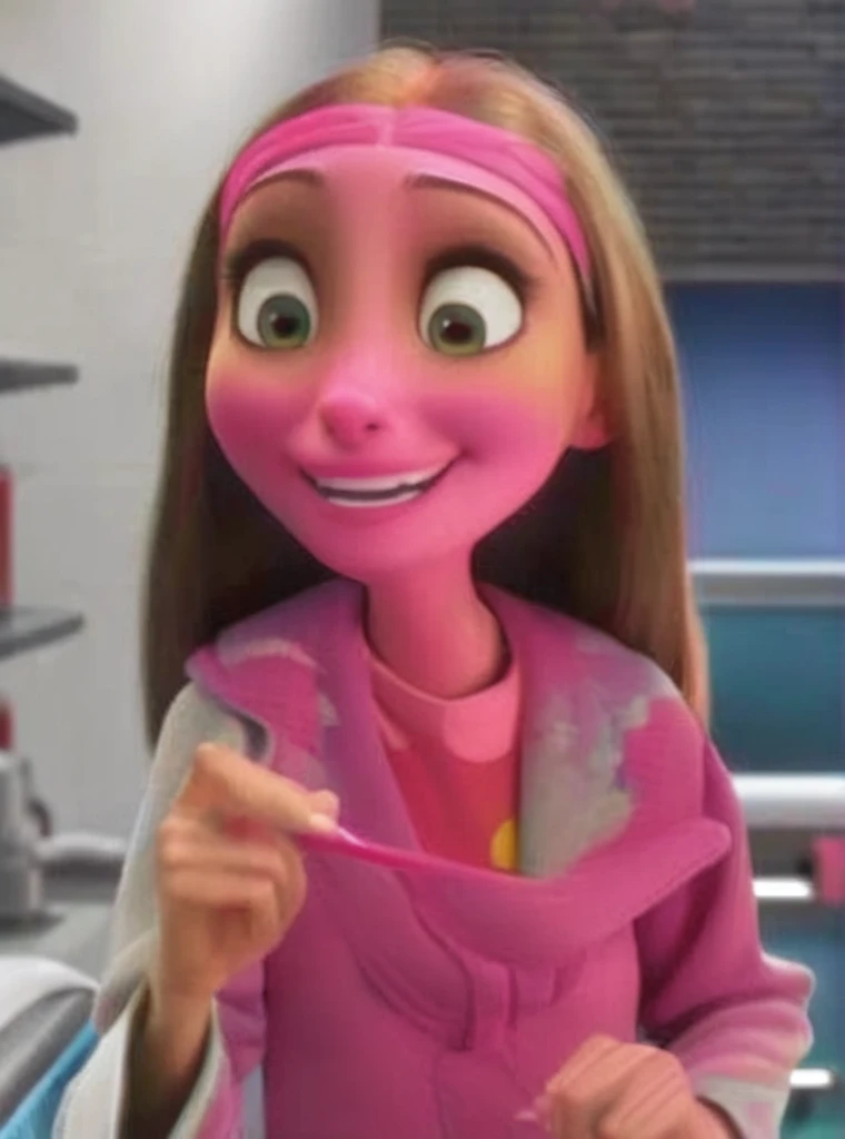 a close up of a hyperrealistic character holding a toothbrush, as a pixar character, pink iconic character, pixar coronavirus movie, depicted as a pixar character, ideal pixar character, pixar character, as a claymation character, judy hopps from zootopia, pink skin, humanoid pink female squid girl, hyperrealistic character, cute pixar character
