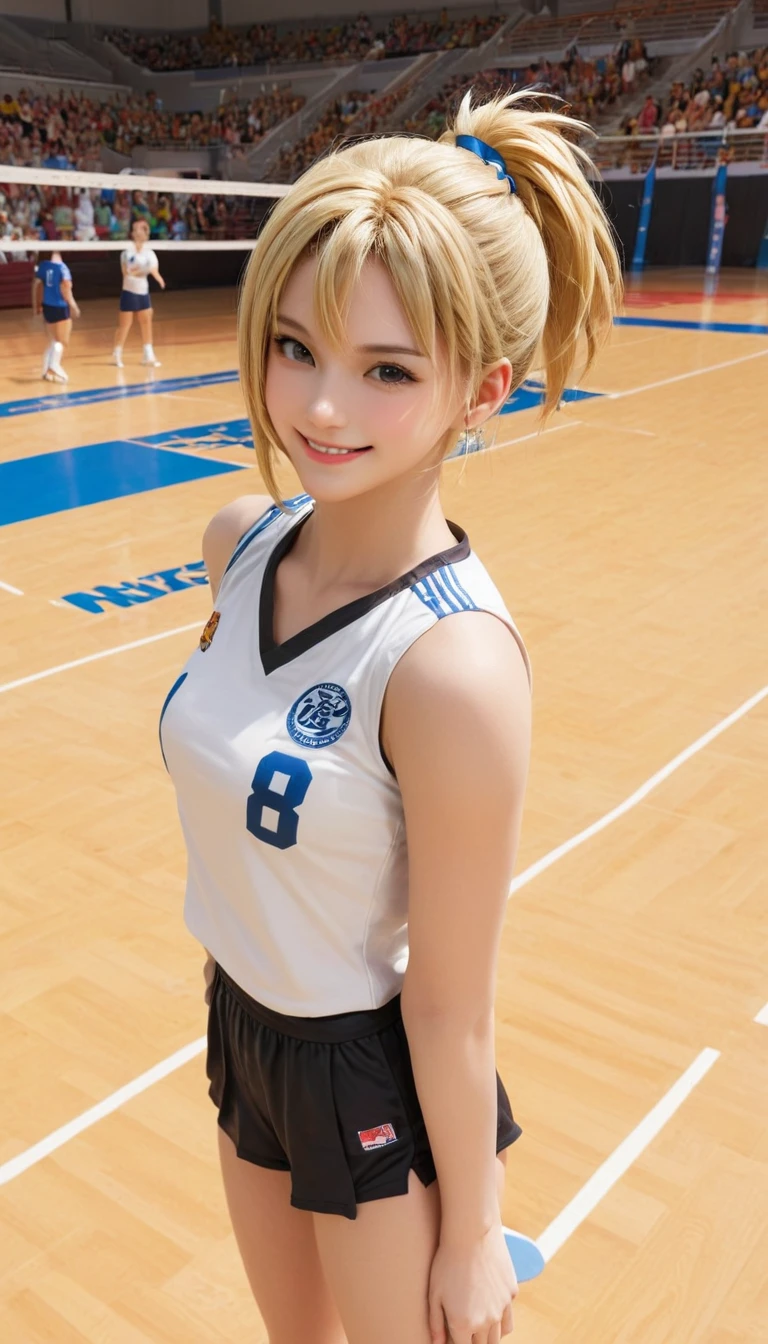 Only one female, /(Volleyball Uniforms/), /(Dark brown hair/) bangs, Blushing Smile, (Masterpiece of the highest quality:1.2) Delicate illustrations, super detailed, Big Break /(Indoor volleyball court/), Android 18 from Dragon Ball, Blonde/、Android18