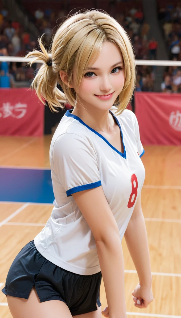 Only one female, /(Volleyball Uniforms/), /(Dark brown hair/) bangs, Blushing Smile, (Masterpiece of the highest quality:1.2) Delicate illustrations, super detailed, Big Break /(Indoor volleyball court/), Android 18 from Dragon Ball, Blonde/、Android18