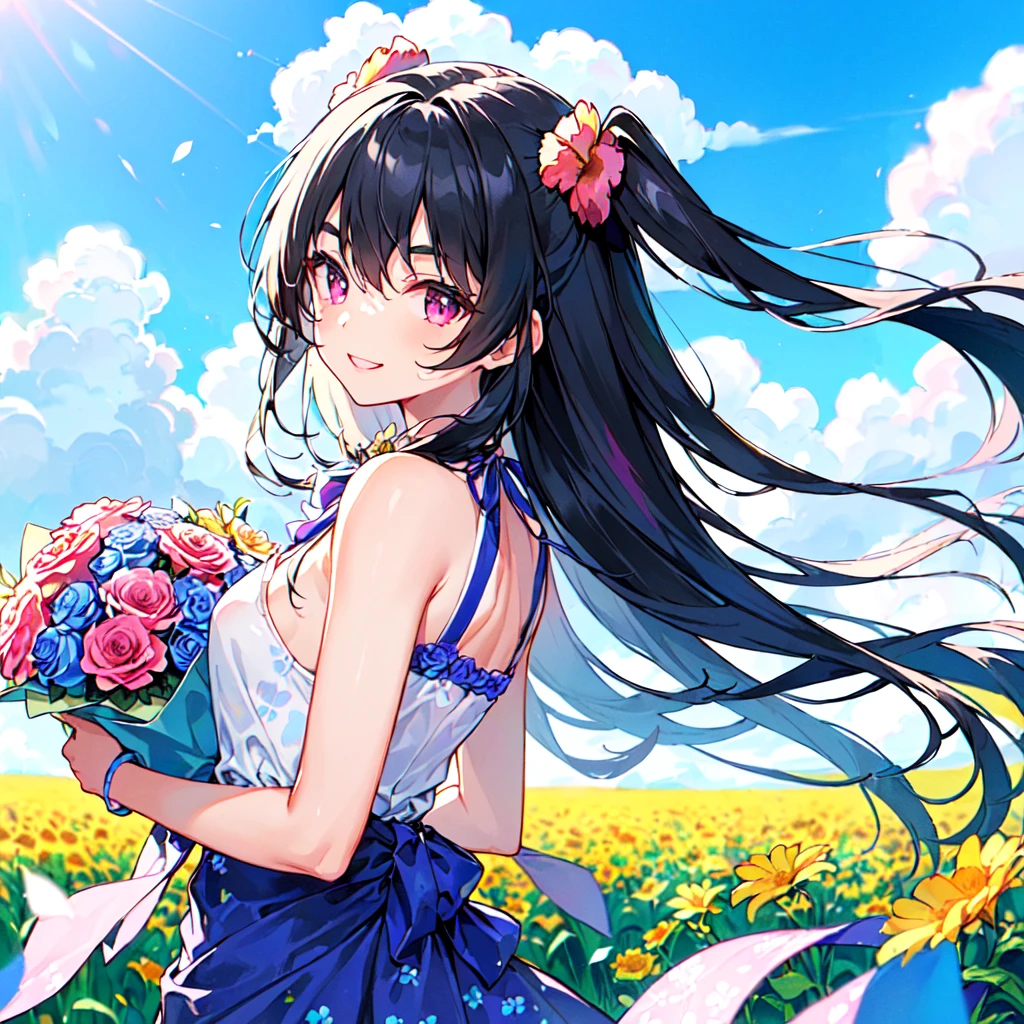 masterpiece, best quality, high quality, extremely detailed, very delicate and beautiful, (1 female 18 years old solo:1.5), (long black hair up to waist with two side up:1.4), bangs to eyebrows, eyes (eyes sharp, strong, glossy, glossy eyebrows), (eye color magenta: 1.3), 6.5 head height, (summer flower print fashion: 1.3), knee socks, ruffles, lace, (smiling), (holding a bouquet of summer flowers: 1.3), (dynamic pose), (background summer colorful flower field: 1.3), (Blue Sky: 1.3), (upper body:1.3)