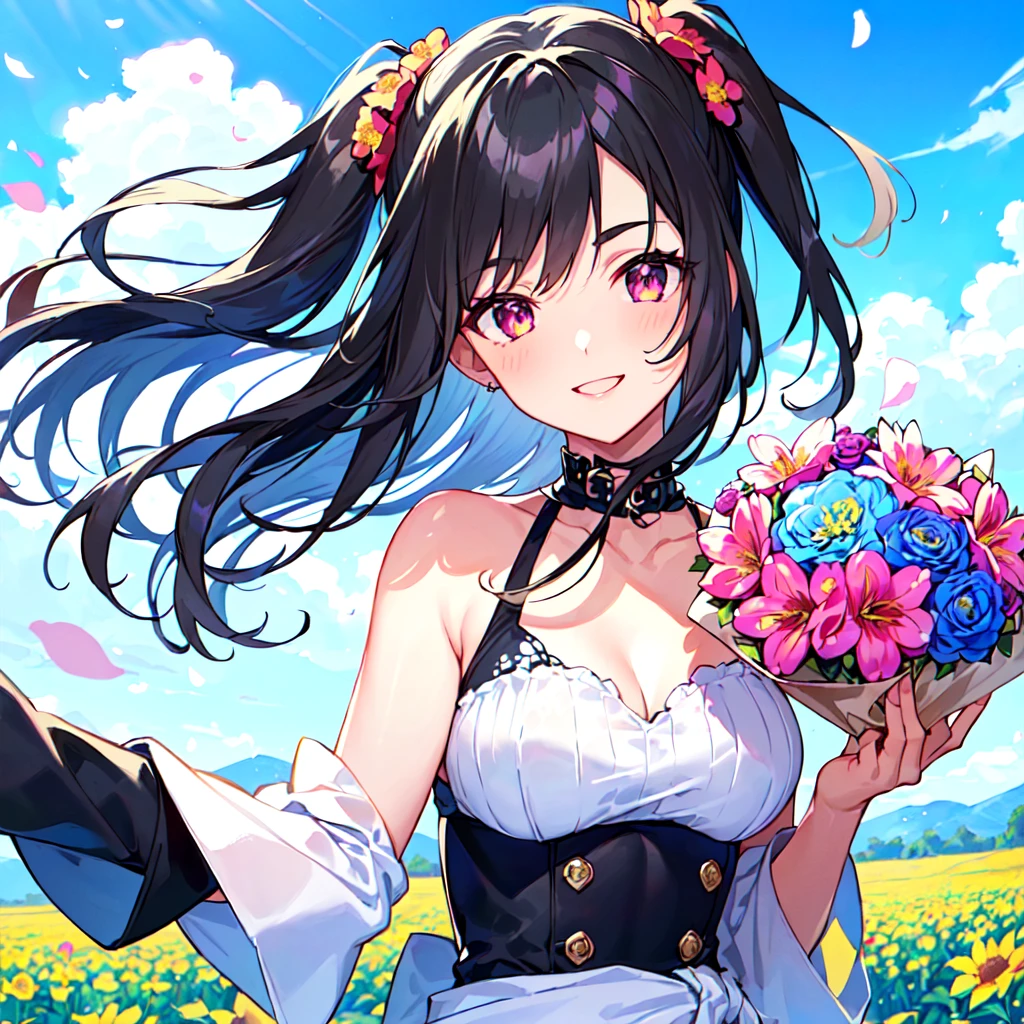 masterpiece, best quality, high quality, extremely detailed, very delicate and beautiful, (1 female 18 years old solo:1.5), (long black hair up to waist with two side up:1.4), bangs to eyebrows, eyes (eyes sharp, strong, glossy, glossy eyebrows), (eye color magenta: 1.3), 6.5 head height, (summer flower print fashion: 1.3), knee socks, ruffles, lace, (smiling), (holding a bouquet of summer flowers: 1.3), (dynamic pose), (background summer colorful flower field: 1.3), (Blue Sky: 1.3), (upper body:1.3)