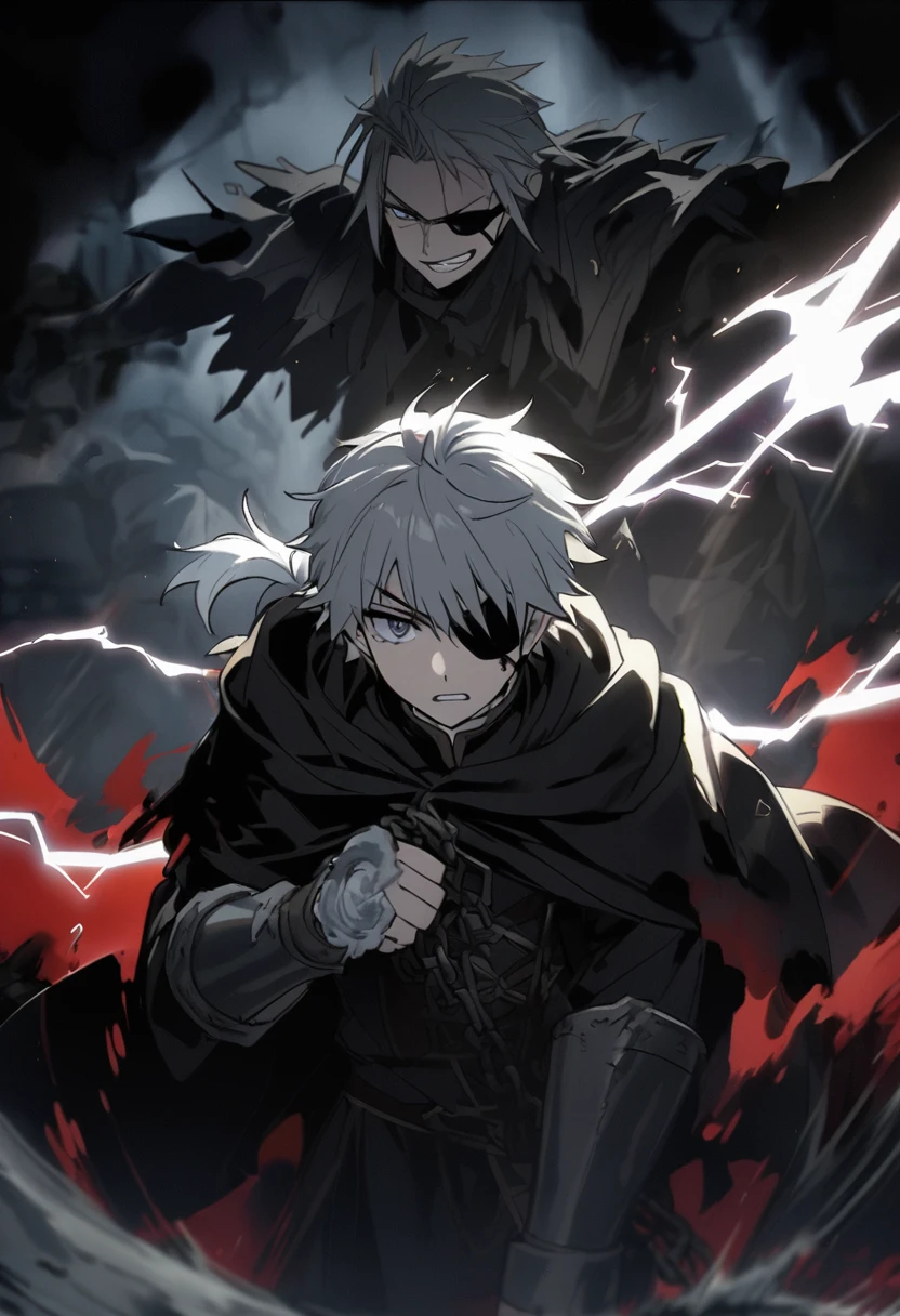 Anime character, a man, medieval era. Young man, 20 years old, large body, cold gaze, white teeth, messy short gray hair, ponytail, left eye patch, black clothes, dark cape with hood, chains. front camera, walking forward in a sea of blood. White lightning in the right hand, black lightning in the left hand. Right eye shining in a white ray. Thunderous lightning