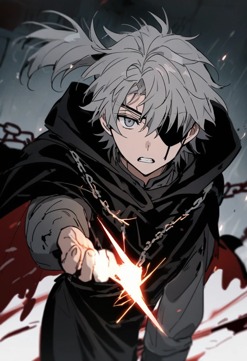 Anime character, a man, medieval era. Young man, 20 years old, large body, cold gaze, white teeth, messy short gray hair, ponytail, left eye patch, black clothes, dark cape with hood, chains. front camera, walking forward in a sea of blood. White lightning in the right hand, black lightning in the left hand. Right eye shining in a white ray. Thunderous lightning
