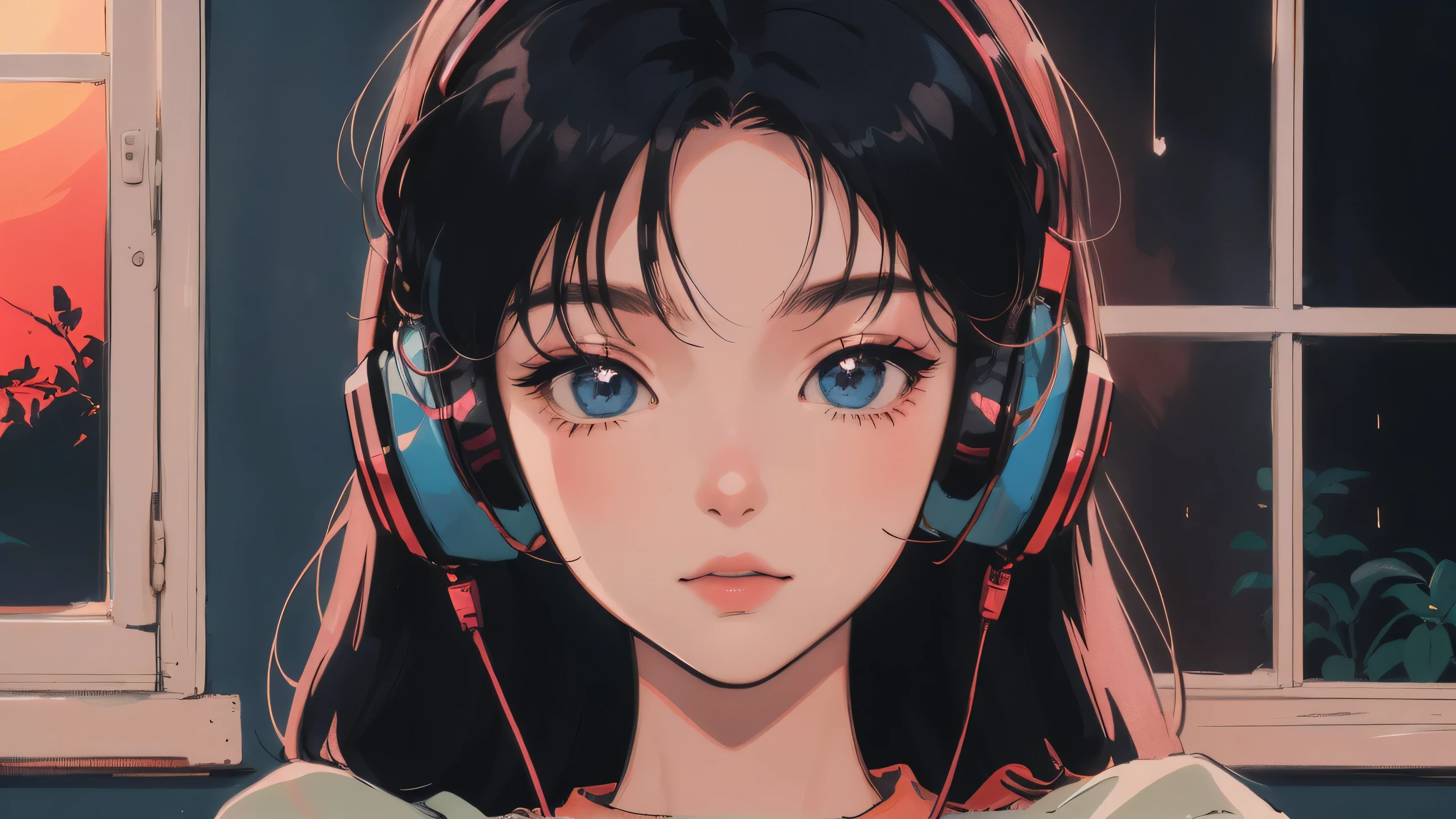 アニメ girl sitting on floor looking out window at city, アニメ aesthetic, アニメ vibes, lofi artstyle, Lo-fi portrait by the window, Watching the Sunset. アニメ, Lofty Girl, アニメ art wallpaper 4 k, アニメ art wallpaper 4k, アニメ art wallpaper 8 k, アニメ background art, Lofi Color, Lofi Art, アニメ asthetic,masterpiece, Highest quality, Rainbow Style, アニメ, Beautiful Asian Girl, Along the Hawaiian Coast, Cute and dreamy,アニメ,Illustrator,LOFI Girl, Blues,landscape,Sunset, night、Girl listening to music in a cozy room, Use headphones, 2D Style Anime, Rain outside the window、og Color Theme、Ghibli style