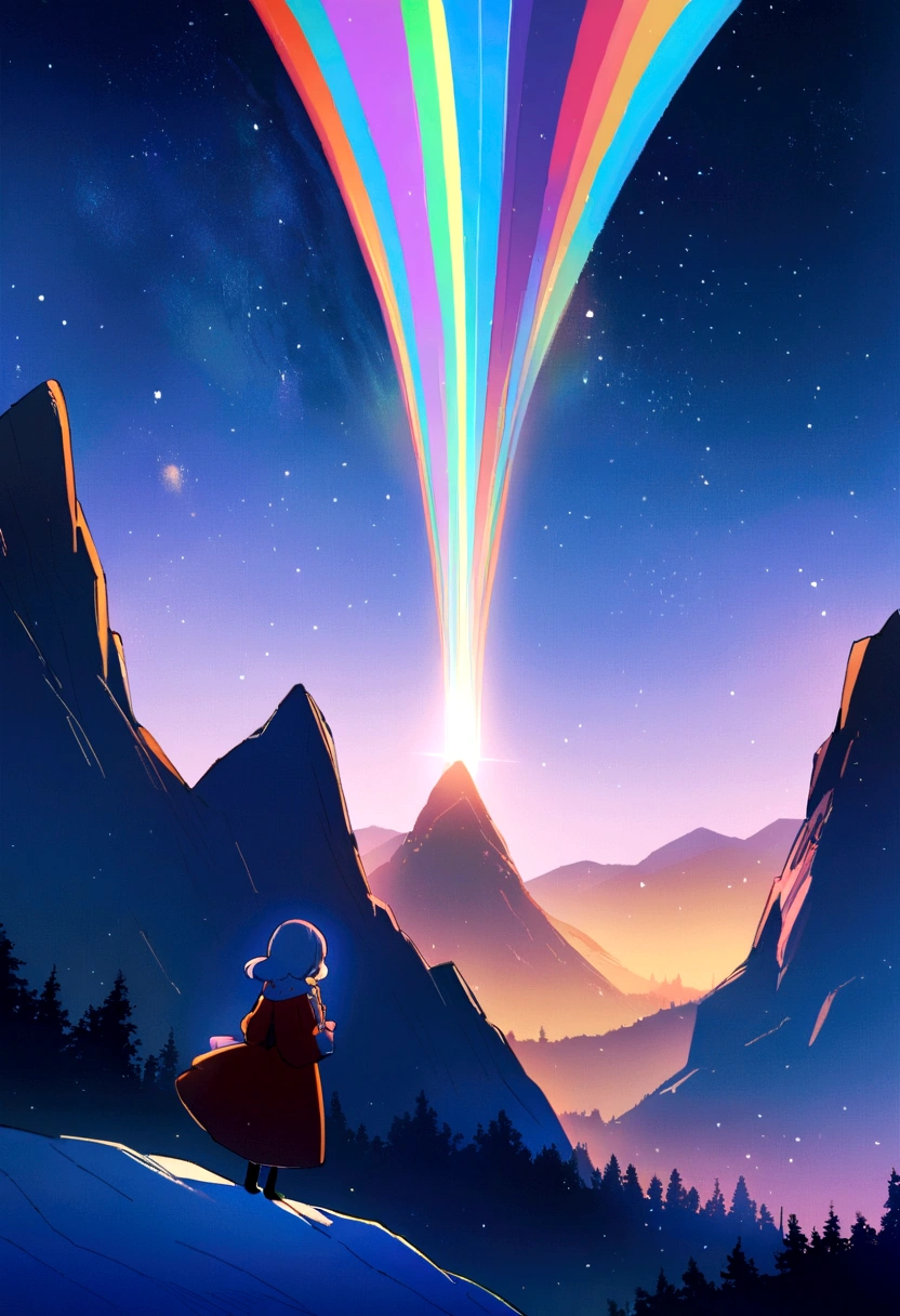 Chill, landscape, performer, On the Mountain. Girl looking at the sky. night, The Shining.16K, Ultra-high resolution, Ultra-high resolution, born,Fantastic ,future、Shining in rainbow colors、The world 30 years from now。