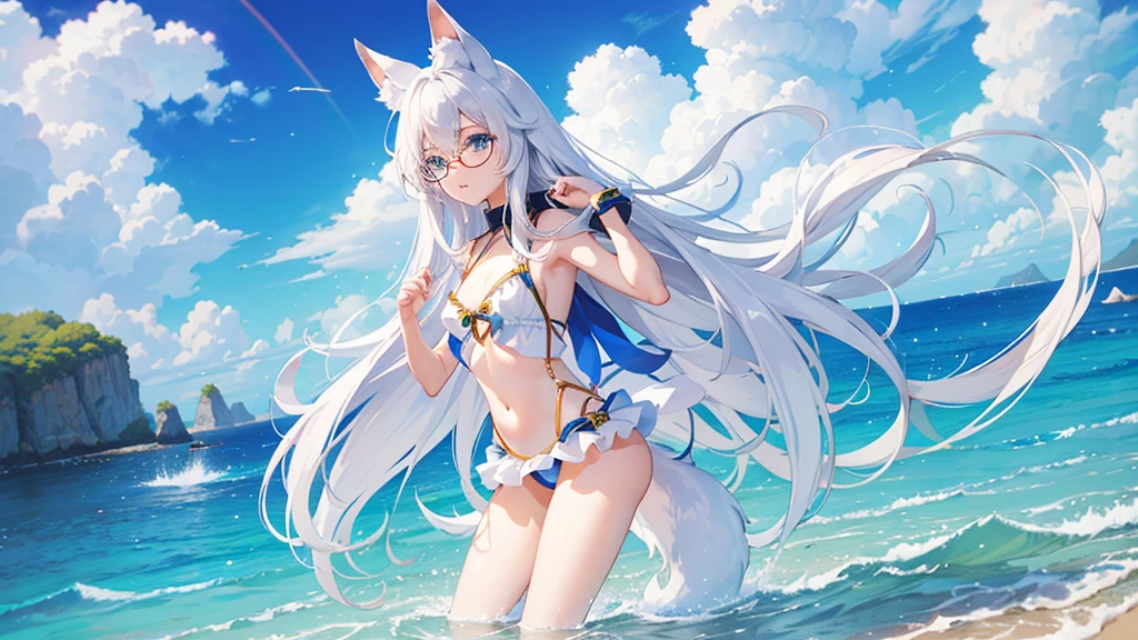 best quality, 8K, original photo, Ridiculous, Extremely detailed, Fox ears,baby face, No makeup, Provocative expressions,slim, Perfect proportion, White straight hair, (wind, wind-effect), blue eyes, Various visual styles for backgrounds,combines various artistic elements,like a sparkling iridescent rainbow,White Fox Girl,swimsuit,Gold frame glasses