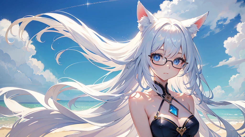 best quality, 8K, original photo, Ridiculous, Extremely detailed, Fox ears,baby face, No makeup, Provocative expressions,slim, Perfect proportion, White straight hair, (wind, wind-effect), blue eyes, Various visual styles for backgrounds,combines various artistic elements,like a sparkling iridescent rainbow,White Fox Girl,swimsuit,Gold frame glasses