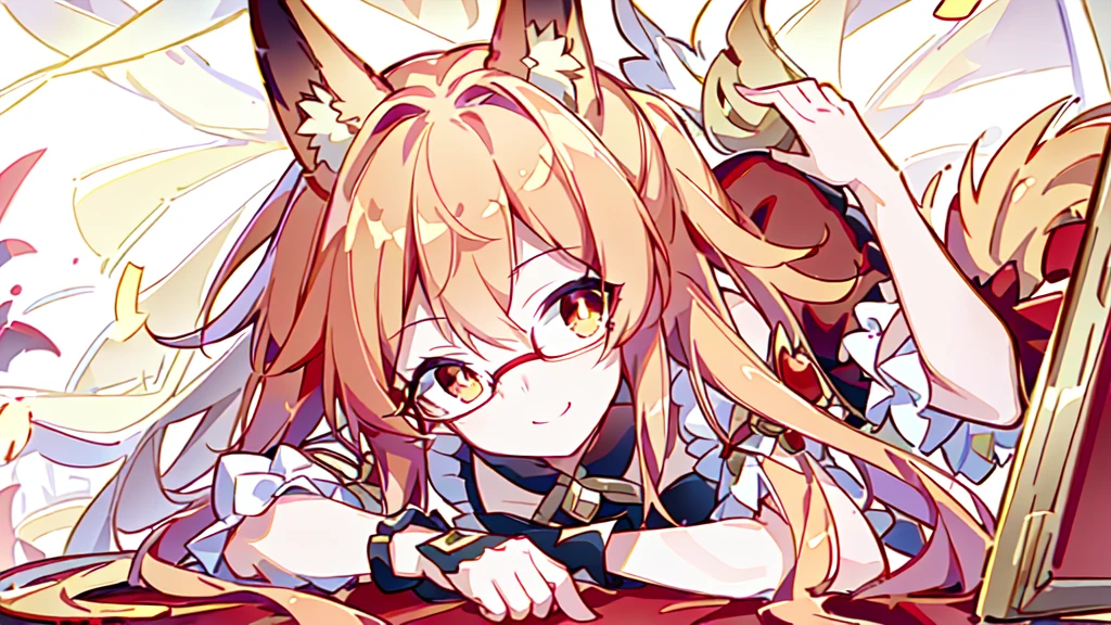((Best quality)), ((masterpiece)), (detailed), best quality,8K,original photo,Red Fox Maiden,touch fox,Castle Background, Liveliness. Carefree happy joy bokeh background. Quiet aesthetics. Soft lighting. Artistic Lighting. Gold frame glasses