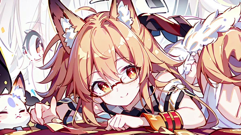 ((Best quality)), ((masterpiece)), (detailed), best quality,8K,original photo,Red Fox Maiden,touch fox,Castle Background, Liveliness. Carefree happy joy bokeh background. Quiet aesthetics. Soft lighting. Artistic Lighting. Gold frame glasses