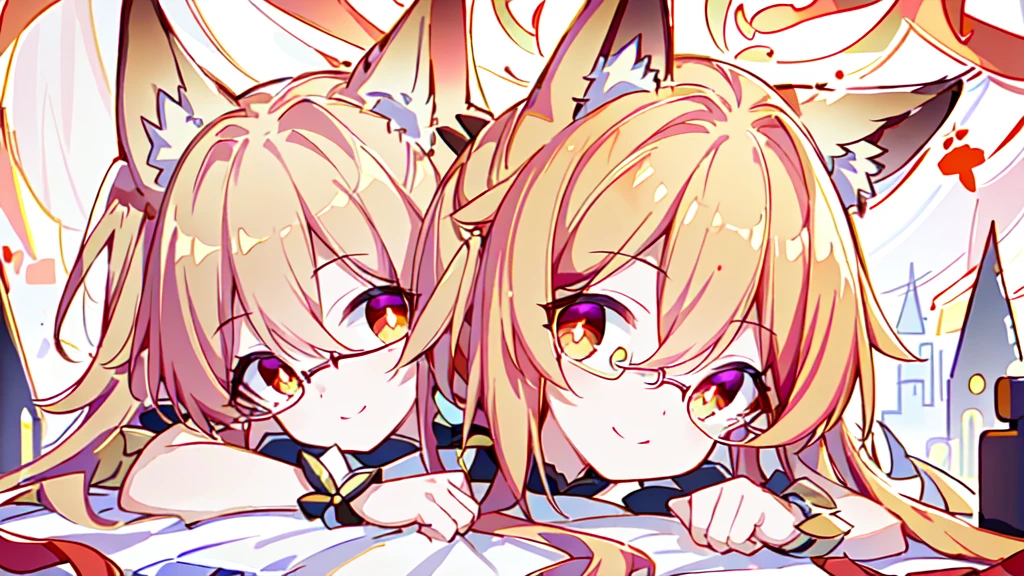 ((Best quality)), ((masterpiece)), (detailed), best quality，8K，original photo，Red Fox Maiden，touch fox，Castle Background， Liveliness. Carefree happy joy bokeh background. Quiet aesthetics. Soft lighting. Artistic Lighting. Gold frame glasses