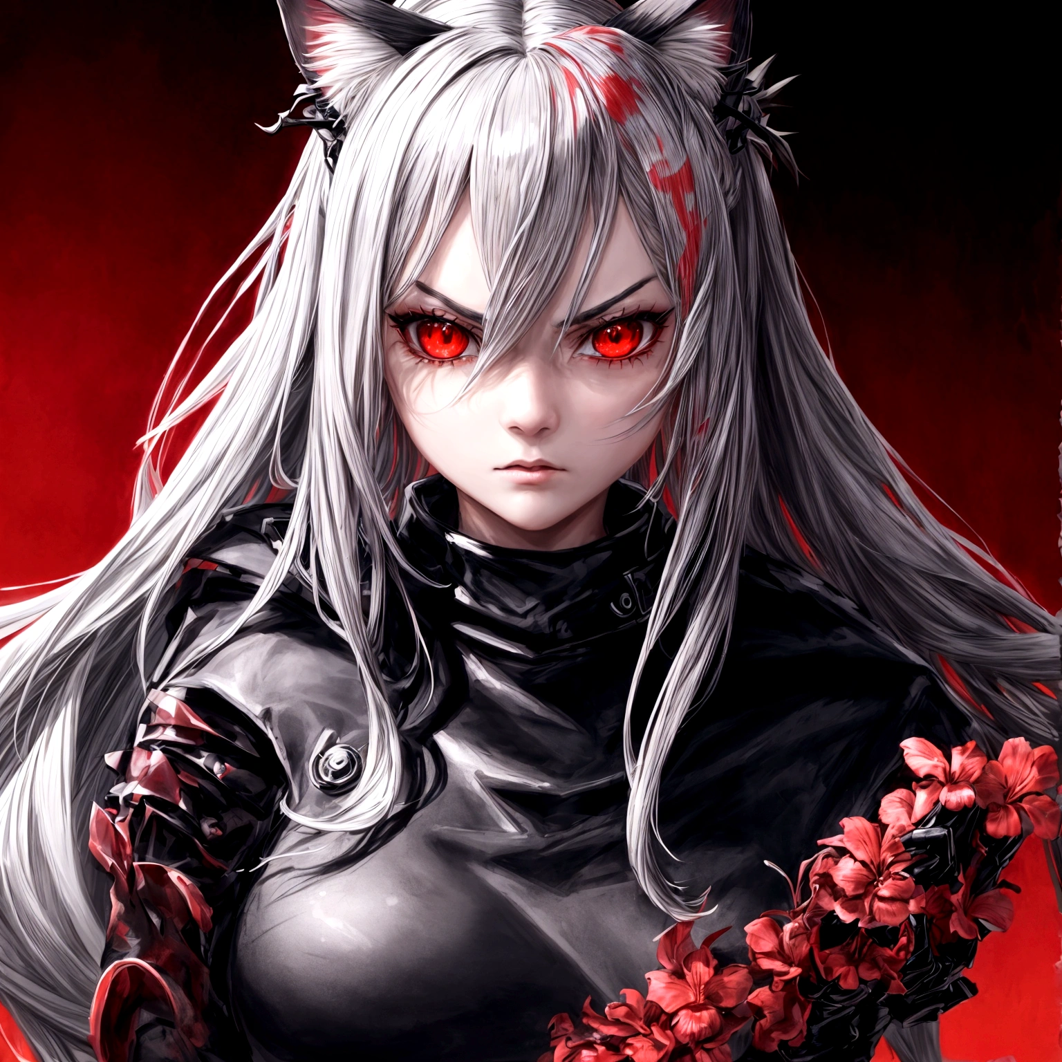 1 girl, beautiful face, cool, intimidation, red eye, long hair, gray hair, cat ear, black jacket, red t-shirt, black gloves, tropical place
