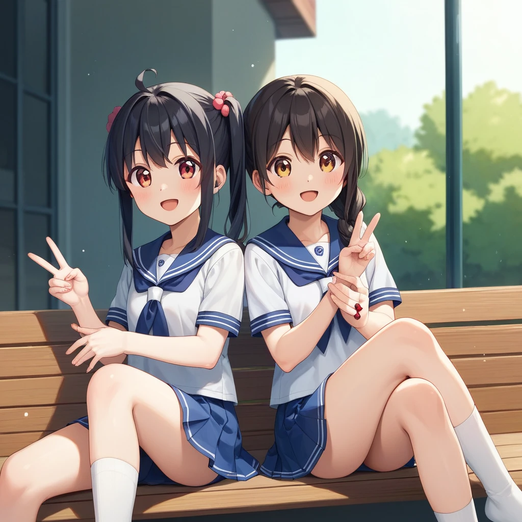 A confident smile, かわいいポーズをとっているtwo students demonstrating a gesture commonly associated with a peace sign while speaking by バス停のベンチ, slacks, Black Hair, Sitting on a bench, skirt, Cute hairstyles such as ponytails、Cute colored sailor uniform、, ((((complete fiでe fingers))))