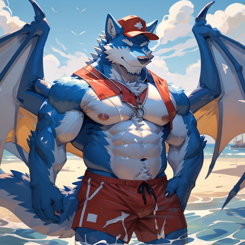 Masterpiece, Solo, Furry Light Blue Wolf, Light Blue Fur,Dark Blue Eyes, Dragon Wings, Bulking Body, Dad bod body, Cool Pose, Charming, Handsome, Life Guard outfit, wearing cap, Milk from tits , cum everywhere