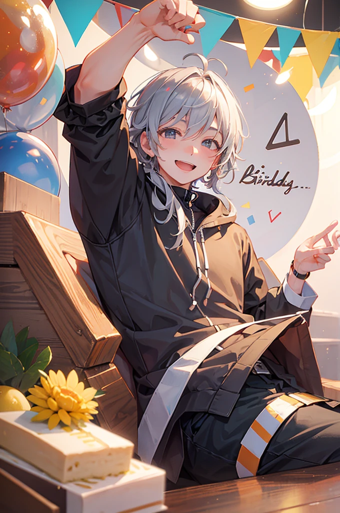 Celebrate a birthday,chum,Kizuna element,Young men,a cake,a smile,Gray Hair