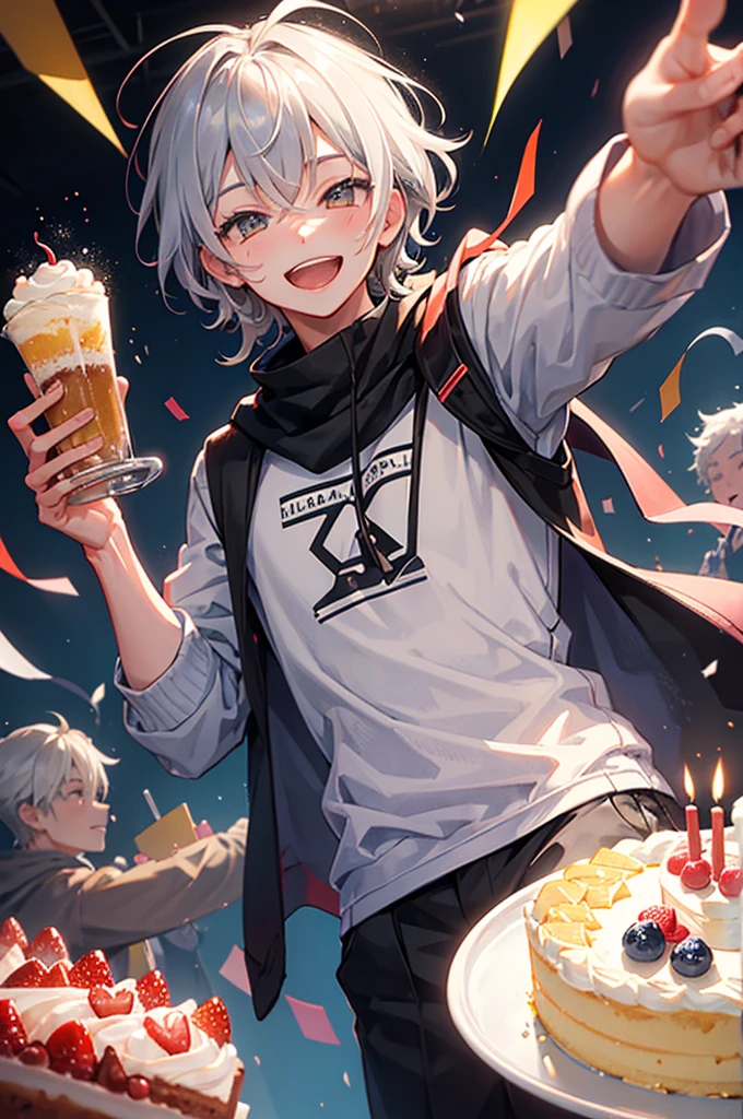 Celebrate a birthday,chum,Kizuna element,Young men,a cake,a smile,Gray Hair