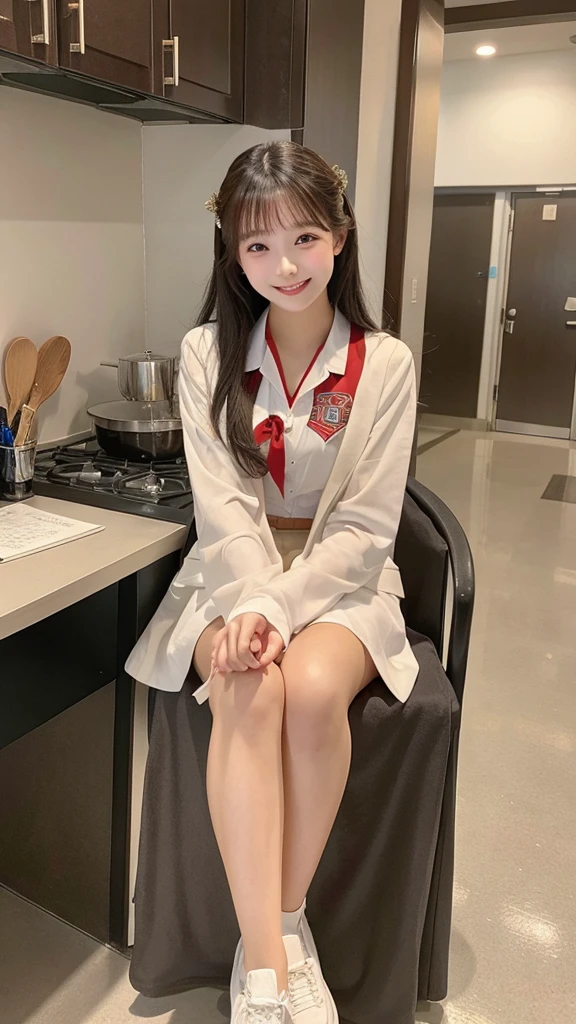 College student, beautiful woman, in college, frontal, full body, smiling, exquisite, highest definition, highest quality, meticulous detail, perfect, neat, 32k