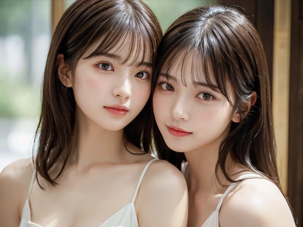 Two beautiful girls, 18 and 18 years old,Two Girls,Cheek to cheek，Embrace each other,Highest quality,masterpiece:1.3,Ultra-high resolution),(Very detailed,Caustics,8K),(Realistic:1.4,RAW shooting),Japanese，Looking at the camera, Slender body, Good figure,Rembrandt Lighting, Realistic atmosphere,Glossy lips,Soft white skin that shines in every detail,、Very beautiful eyes,Detailed lips、Beautiful, shining lips,Very beautiful face,Very well-formed face、Detailed face, (Photorealistic:1.2), (Highest quality), (Detailed skin:1.3), (Intricate details), Ray Tracing, In detail,real，Detailed skin texture, Black Hair, Long Hair, (Wavy Hair:1.2), (Blunt bangs:1.2), cute,Collarbone Bare Skin,Shoulder Bare Skin,White dress,(Face Focus:1.1),(Face close-up:1.1),(Low position::1.3),On the floor，