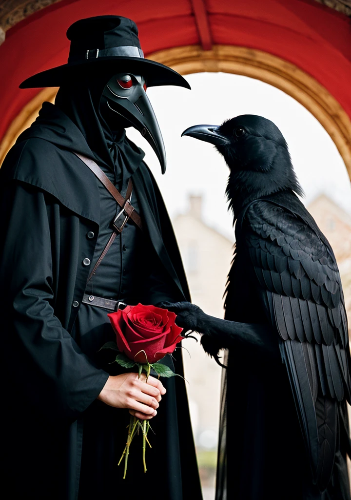 the plague doctor holding a red rose with a crow on his shoulder