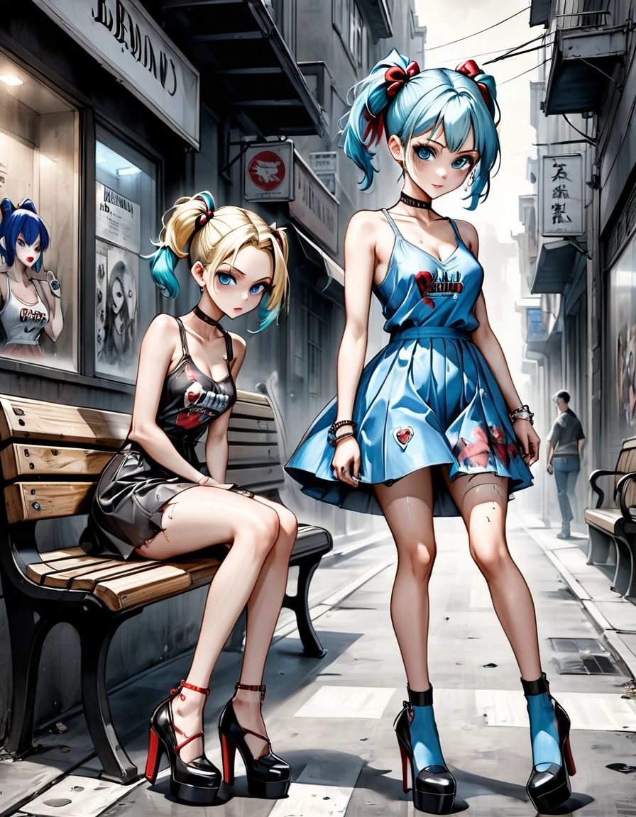 bleach style anime bulma + Serious Harley Quinn with straight mohawk hair thin V-cut dress with Prada print ripped high heels walking on a dark gloomy street scared style photo realism, fully detailed drawing in black and monochromatic bench and only the strong blue eyes 