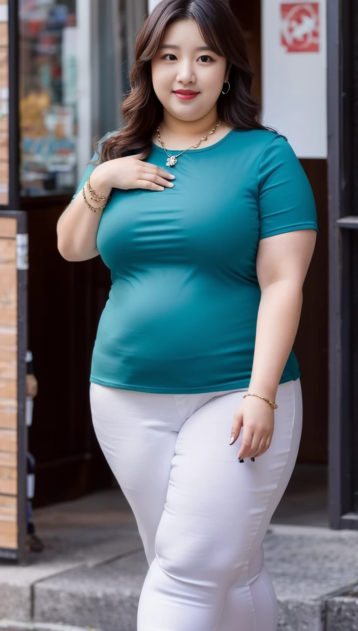 ((best quality)), ((masterpiece)), (detailed), perfect face, araffe woman in a long dark-blue shirt and blue denim skirt walking down a street, thicc, wavy short hair , she has a jiggly fat round belly, bbwchan, wearing tight simple clothes, skinny waist and thick hips, widest hips, her belly is fat and round, soft curvy shape, hyperrealistic full figure, wearing a cute top, wide hips, wearing 10 bracelet , wearing huge diamond necklace