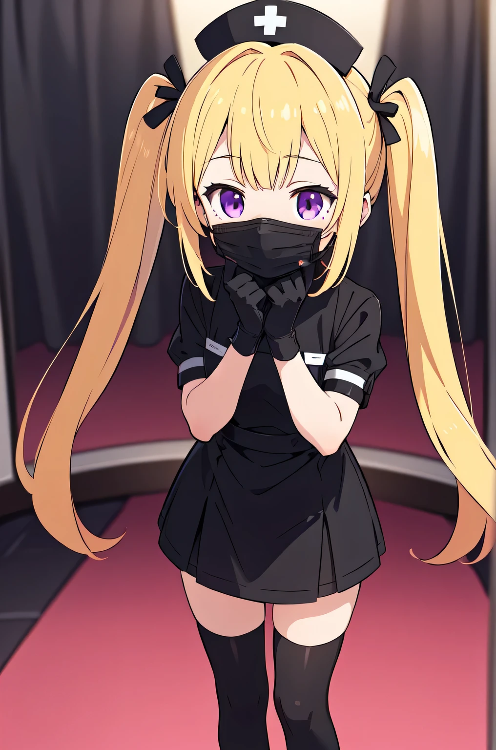 black nurse, 1girl, solo, black nurse cap, black nurse uniform, ((black legwear, zettai ryouiki)), black elbow gloves, twintails, yellow hair, purple eyes, ((black surgical mask, covered nose)), standing, ((surgery room)), sharp outline, short sleeves, best quality, masterpiece