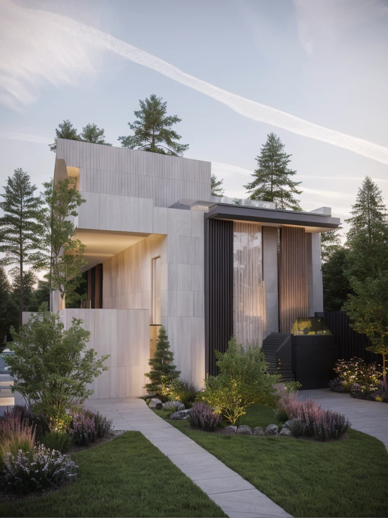 (masterpiece),(high quality), best quality, real,(realistic), super detailed, (full detail),(4k),8k, modern house exterior design, Modern architecture, whitewall, Sandstone GRAY, Beautiful_sky, SUNSET, no_humans, outdoors, sky, tree, Garden flower front of building,