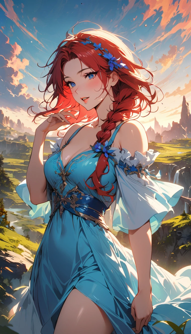 (highest quality:1.2), Very detailed, Vibrant, digital coloring, High Contrast, masterpiece:1.2, highest quality, Best aesthetics, 1 female, red Hair, single braid, messy hair, (((Blue Dress:1.2))), (fantasy landscape:1.4), Bright lighting, Beautiful world, New World, Blown by the gentle wind, (hot gaze, Hot, Rui々Beautiful lips, Glossy, Open Mouth, Leaking sigh), Accurate, Textured skin, Cowboy Shot, seductive smile, The beauty and danger of growing from a girl to an adult, A symbol of miraculous beauty.