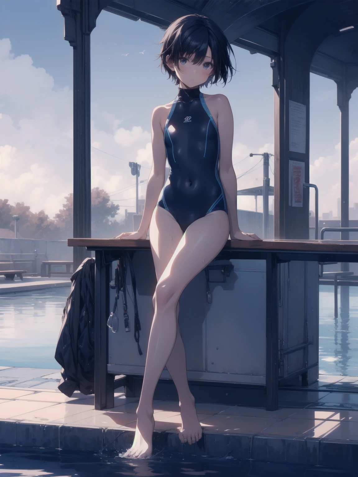 ultra-Top-quality by art God, ultra-detailed, high resolution, shinkai makoto style, anime moe artstyle, best anime 8k konachan wallpaper, pixiv contest winner, perfect anatomy, break,(Please draw a picture of a girl in a swimsuit sitting sleepily on a bench by the poolside alone.),break, a hyperrealistic school girl, (Solo,lolita, ???, 13-year-old:1.3),Full limbs, complete fingers, androgynous charm, (very short hair), wet hair, small breasts,slender body, Small butt, groin, Small black eyes,hanme,beautiful detailed eyes, well-proportioned iris and pupils, sleepy eyes, highres detailed hair, swimsuit, wet swimsuit, bare shoulders, thighs, in the school pool. break,super detailed skin, shiny skin, Best lighting powered by famous artist, 8k, illustration,UHD, textured skin,break,((artist:saiguchi_otoufu )), artist:clamp ,artist:carnelian ,artist:kantoku ,