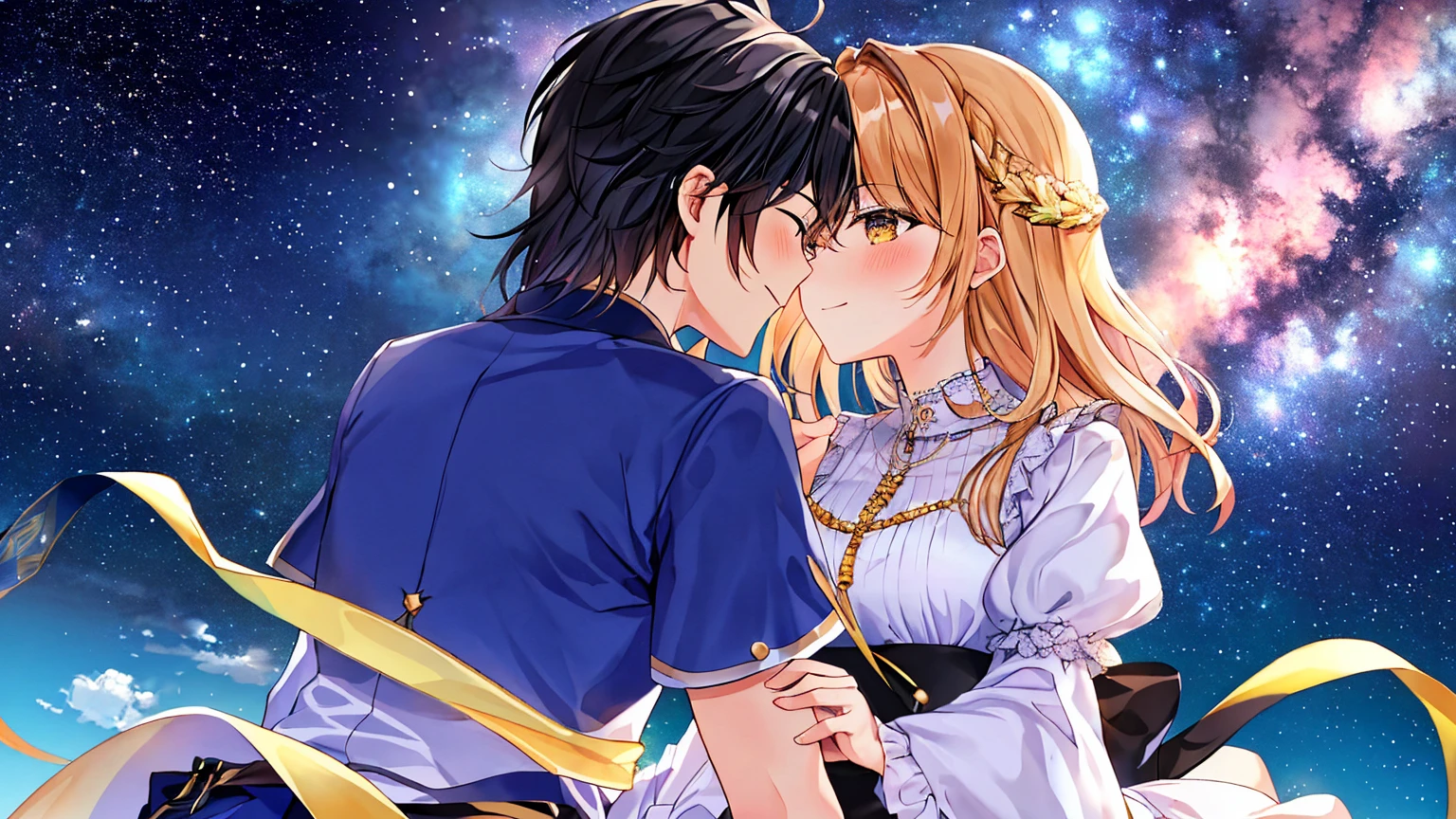 The background is the fantastic Milky Way、Close-up of the upper body of a man and woman standing on a hill, holding hands and looking at each other、Modern attire