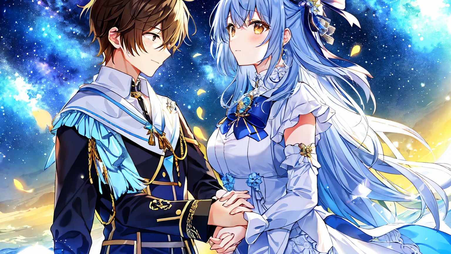 The background is the fantastic Milky Way、Close-up of the upper body of a man and woman standing on a hill, holding hands and looking at each other、Modern attire